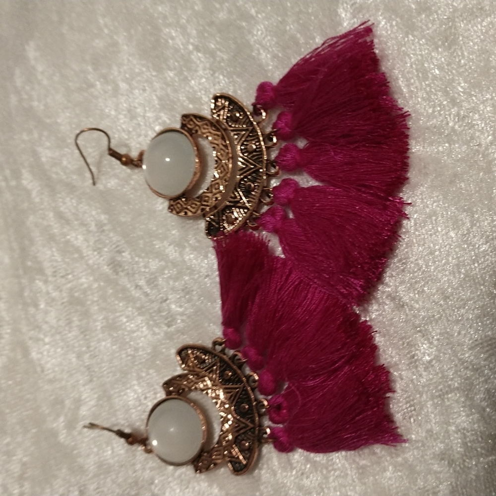 Moonstone Fuchsia Tassel 3.5" Fishhook Earrings Boho Aztec Lightweight - Picture 2 of 8